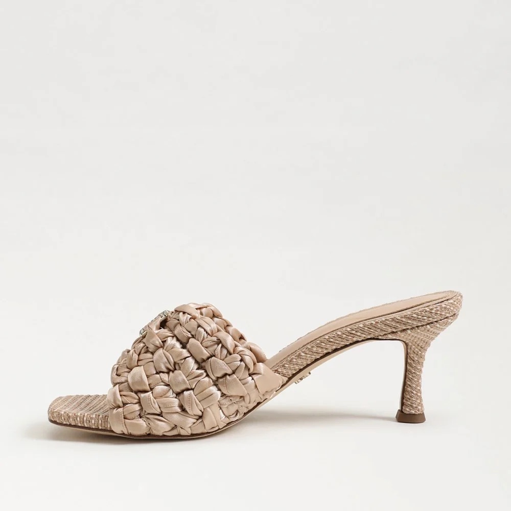 Sam Edelman Paisley Satin Logo Kitten Heel Mule Sandals in Ecru Ribbon Sz 9.5 - Picture 4 of 12